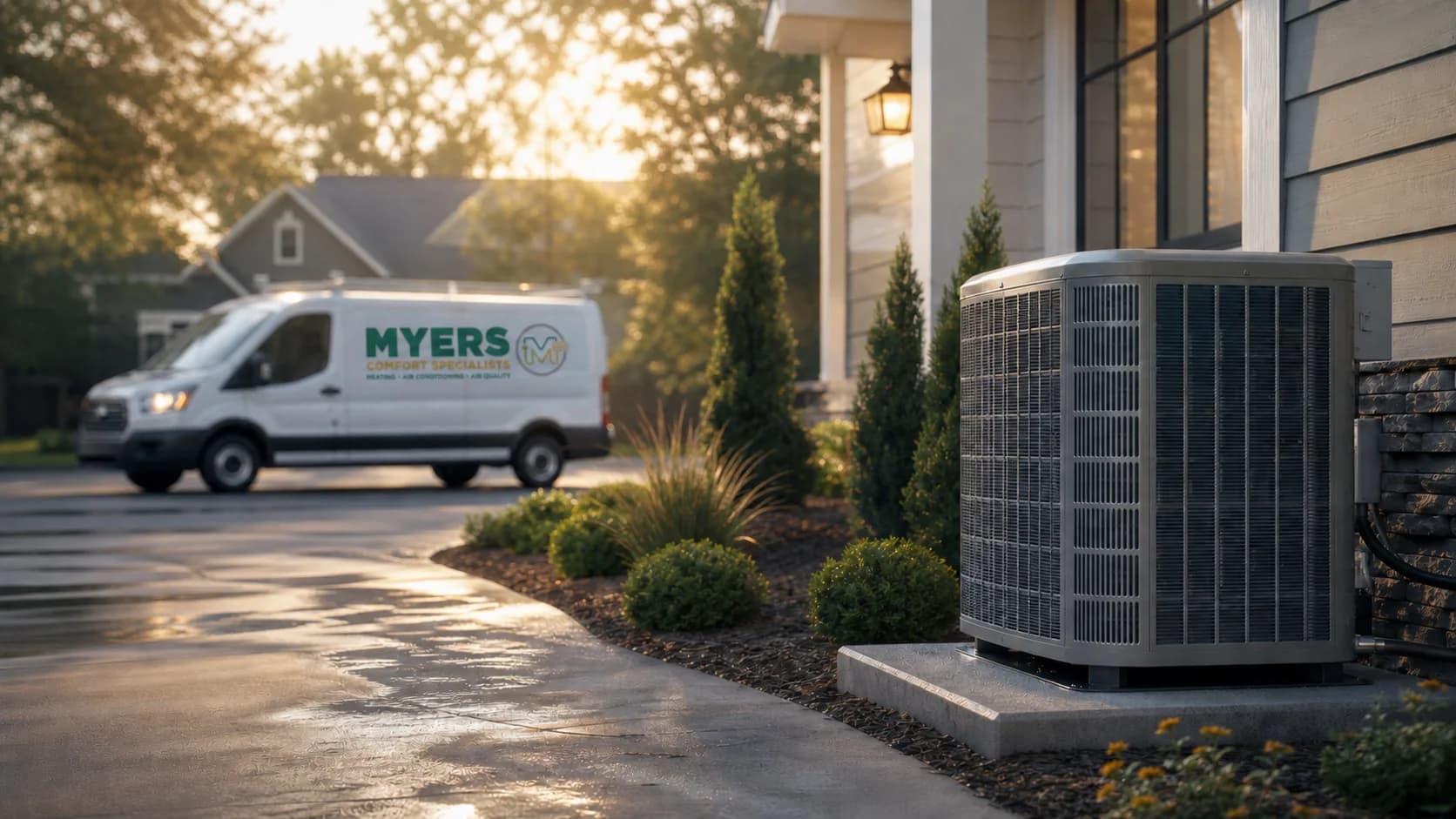 Myers Comfort Specialists service van near an outdoor HVAC unit