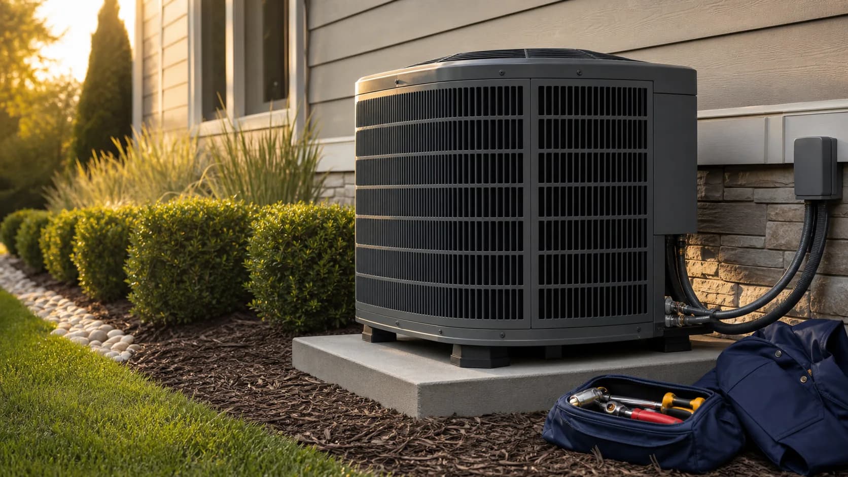 High-efficiency outdoor HVAC system beside a home